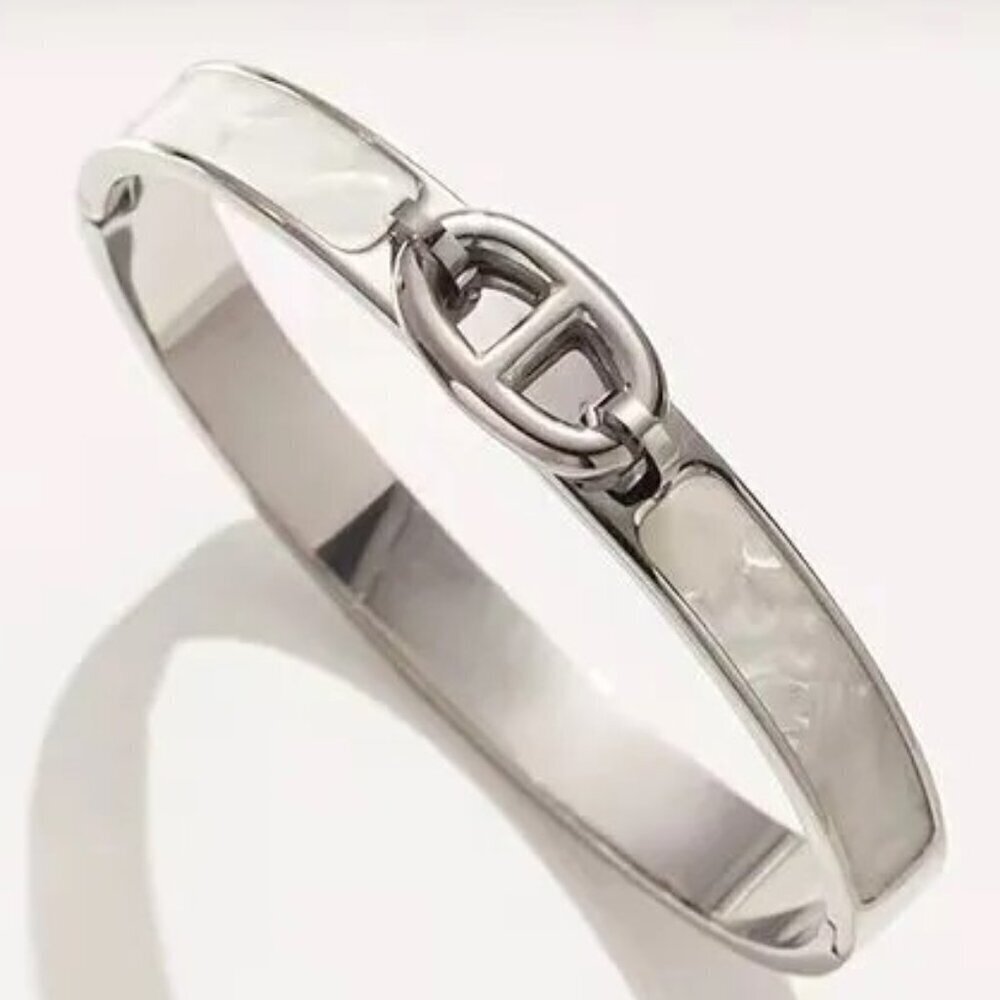 Silvertone Stainless Steel Geometric Bangle Bracelet Pearly White Inlay